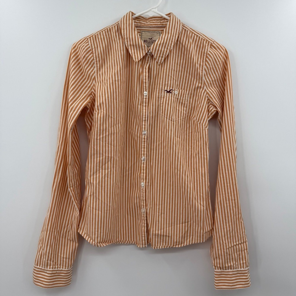 Hollister Women's Button Down Shirt tan orange White‎ Stripe Stretch Cotton MED